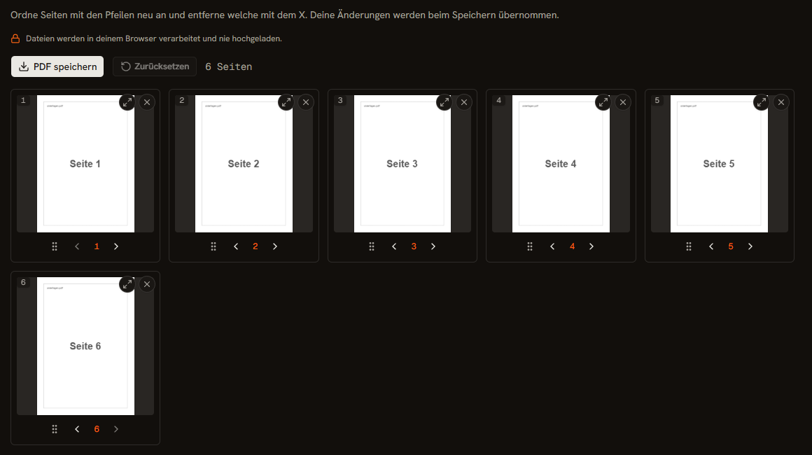 Das PDF-Organisieren-Tool von Monu Tools mit sechs Seiten-Vorschaubildern, X zum Löschen einzelner Seiten, Pfeilen zum Umsortieren und dem Button PDF speichern