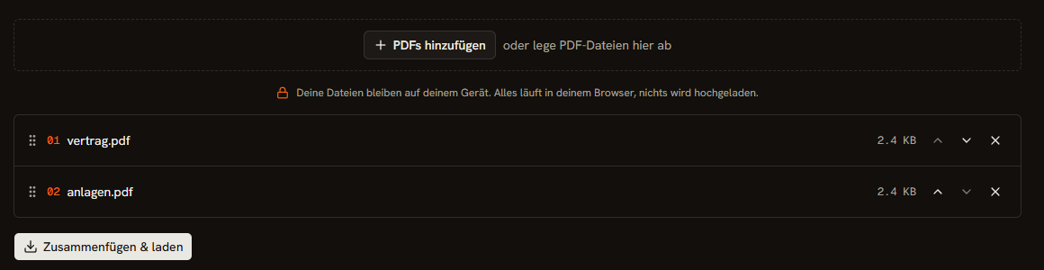 Das PDF-Zusammenfuegen-Tool von Monu Tools mit zwei Dateien in der Liste, Pfeilen zum Sortieren und dem Button Zusammenfuegen und laden